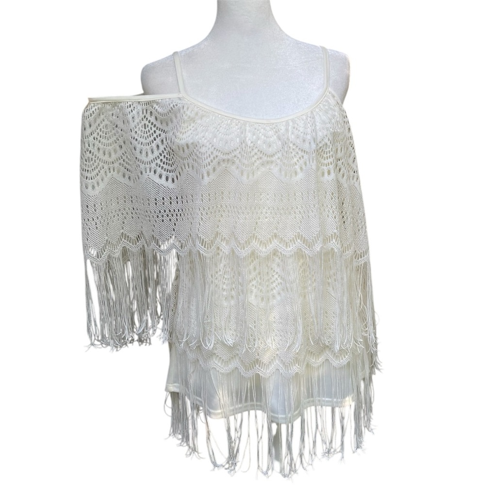 VaVa by Joy Han Cream Fringe Lace Cold Shoulder Top